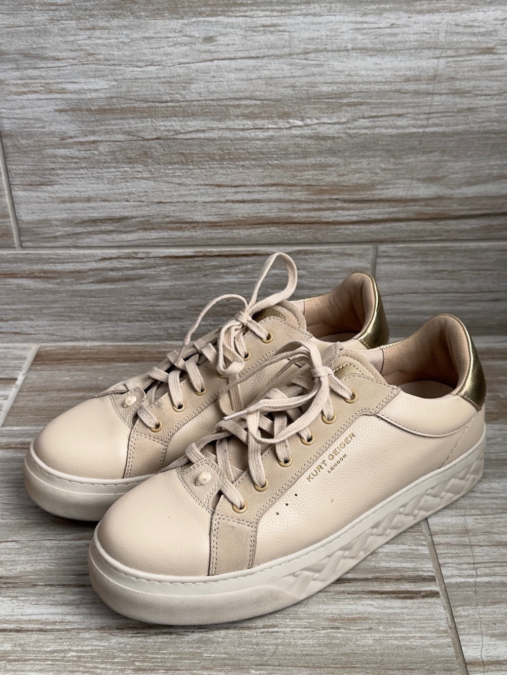 Kurt Geiger Cream Leather Platform Sneakers with Gold Heel Accent